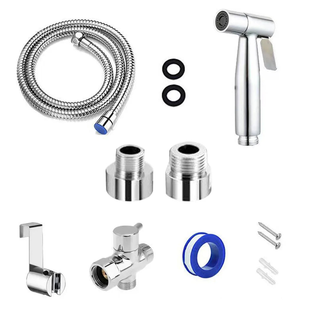 Stainless Steel Handheld Bidet Sprayer Set – Toilet Shower Head with 1.5m Hose, T-Valve and Thread Adapters, Silver
