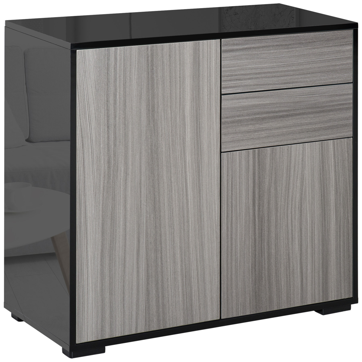 Glossy and Matte Side Cabinet with 2 Doors and 2 Drawers – Push-Open Home Office Storage, Grey and Black