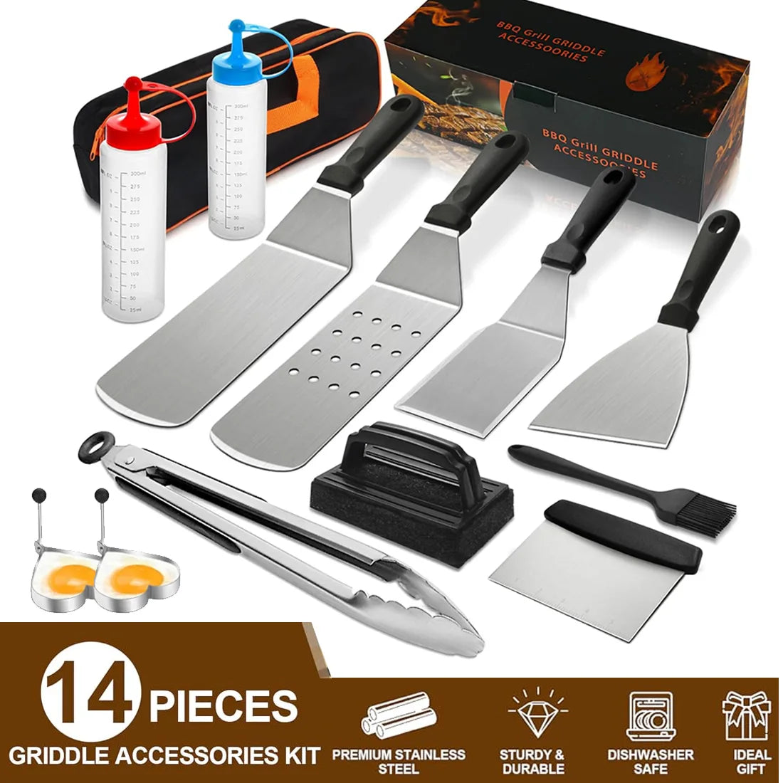 14-Piece Stainless Steel Griddle and Grill Tools Set with Carry Bag – BBQ Accessories for Outdoor Cooking