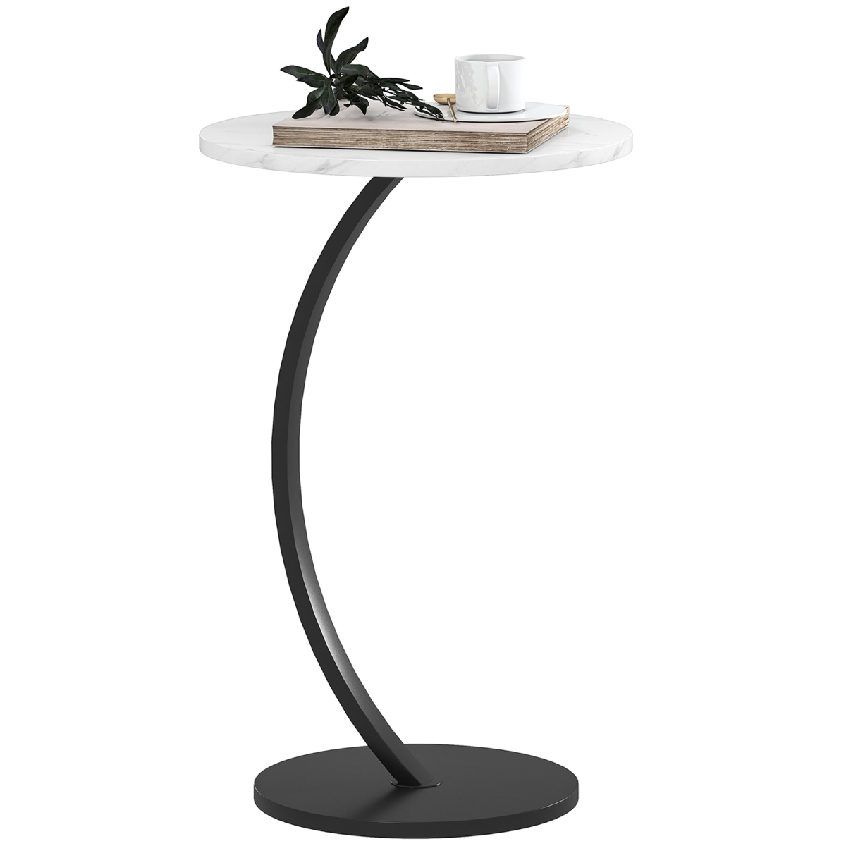 HOMCOM C-Shaped Side Table with Marble-Effect Top – Round Sofa & Bedside Table, White