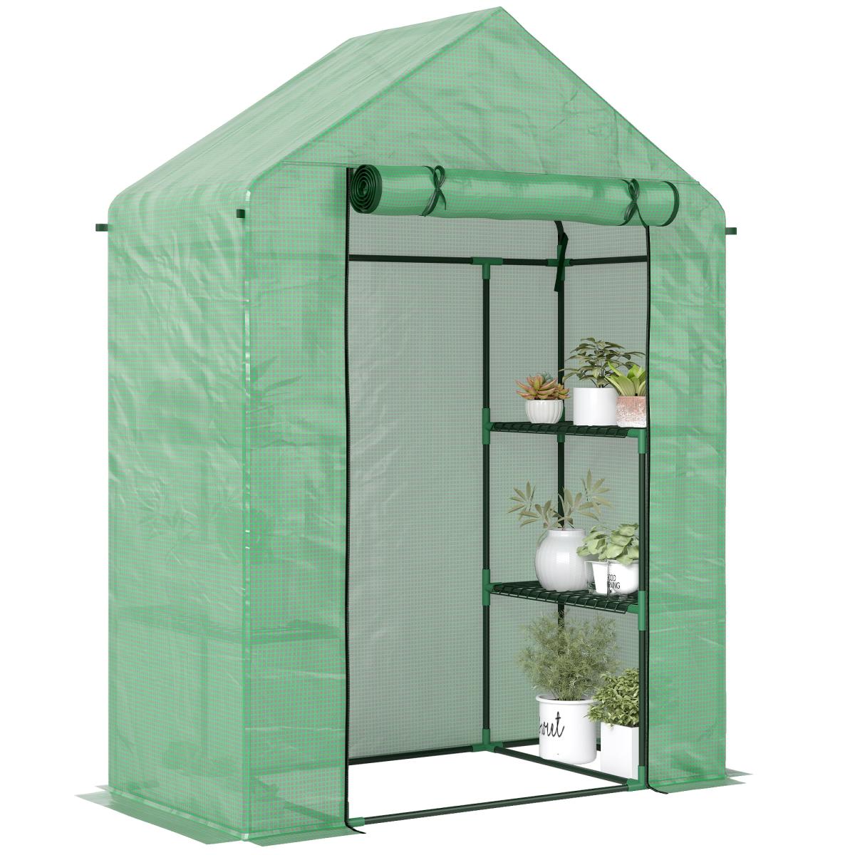 Outsunny Walk-In Greenhouse with 2 Tier Shelves, Roll-Up Zipped Door & PE Cover, 141 x 72 x 191cm – Green