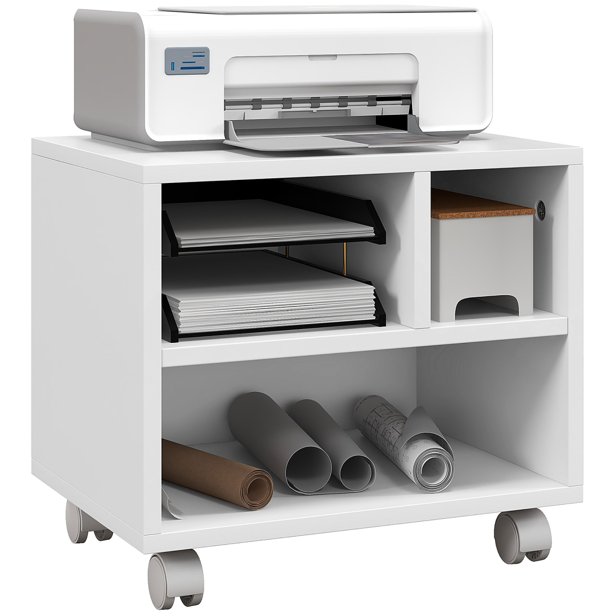 HOMCOM Printer Stand with 3 Compartments and Lockable Wheels – Home Office Storage Cart, 40kg Capacity, White