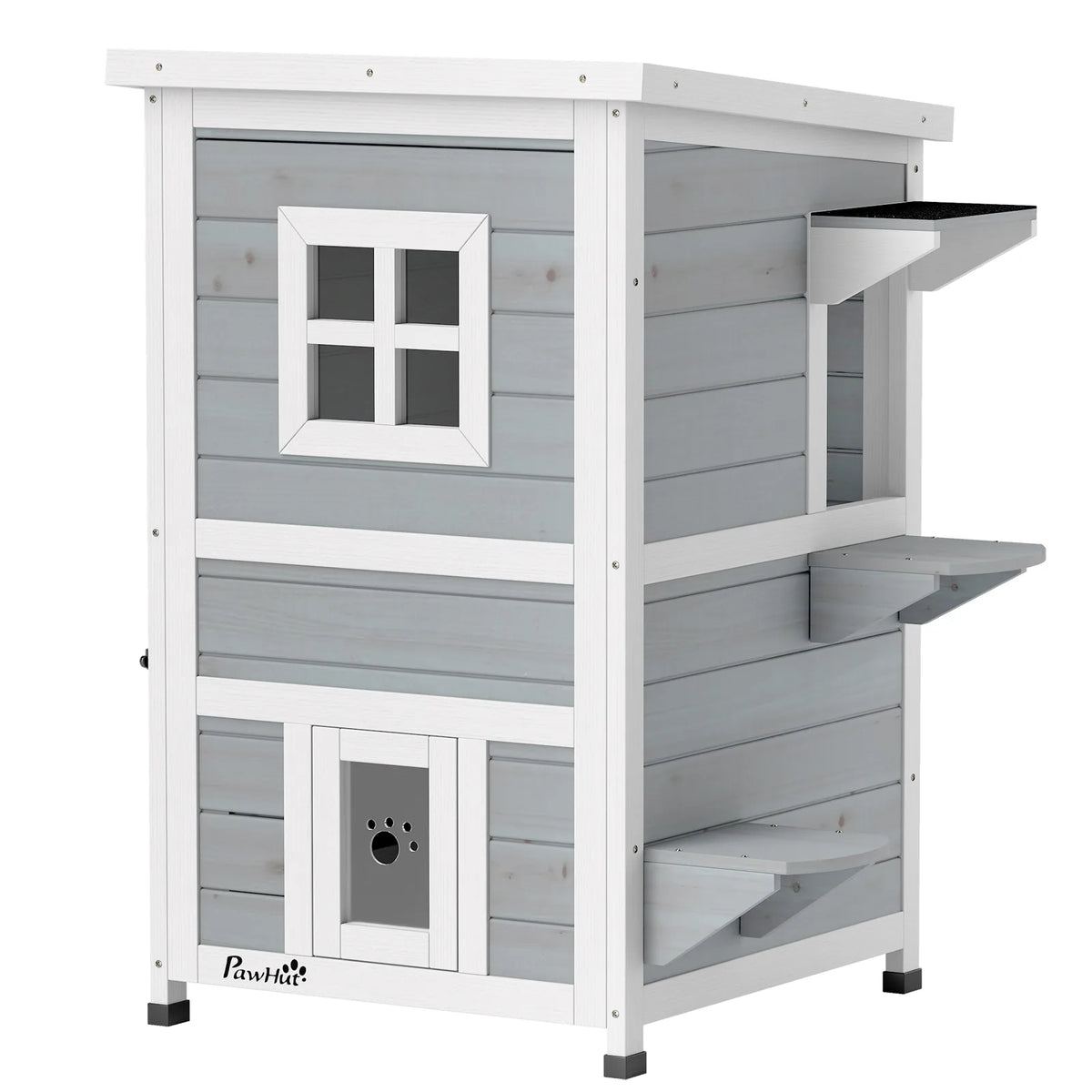 PawHut Wooden 2-Floor Outdoor Cat House with 3 Doors, Window and Asphalt Roof – Kitten Shelter, Grey