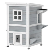 PawHut Wooden 2-Floor Outdoor Cat House with 3 Doors, Window and Asphalt Roof – Kitten Shelter, Grey