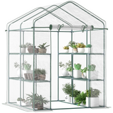 Outsunny Steel Frame Greenhouse with 2 Shelves & 8 Grid Rack – Zippered Roll-Up Door, Clear PVC Cover