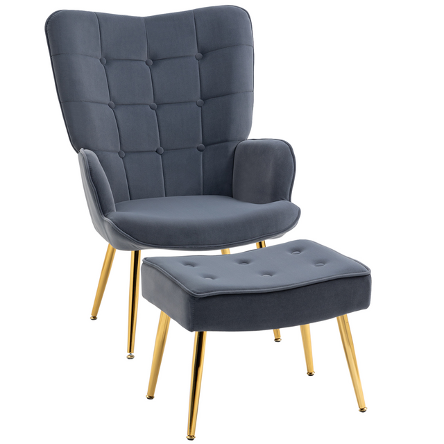 HOMCOM dark grey tufted armchair and footstool