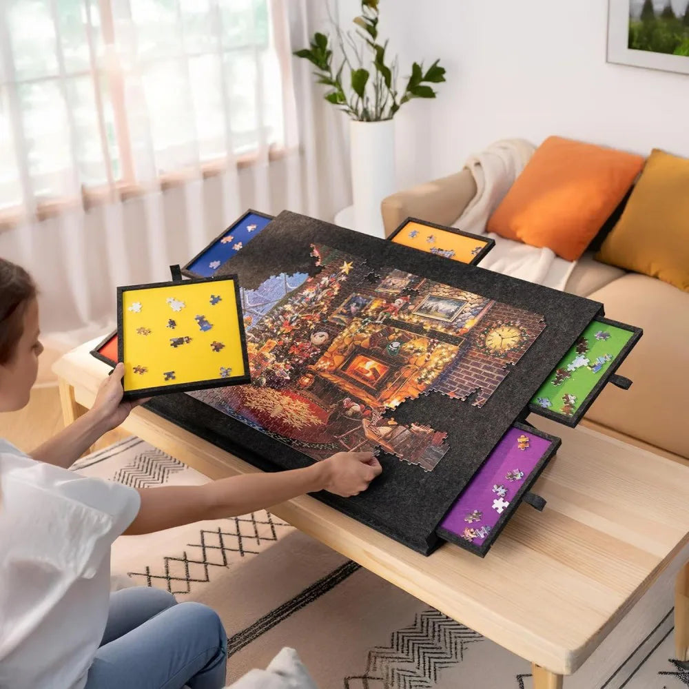 1000-Piece Jigsaw Puzzle Board with 6 Sliding Drawers and Felt Cover – Portable Tilting Stand and Protector, Black