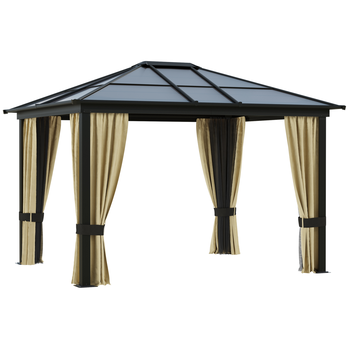 Outsunny 3 x 3.6m Hardtop Gazebo with Polycarbonate Roof & Mesh Side Screens – Garden Shelter, Brown/Beige