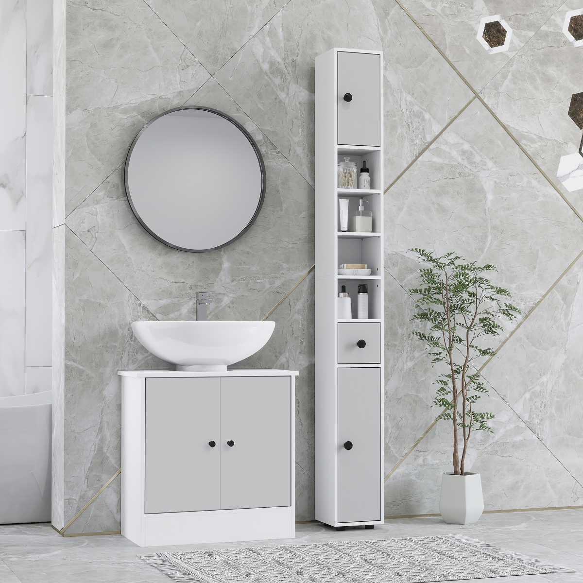 Tall Slim Bathroom Cabinet with 2 Cupboards, Drawer & 4 Open Shelves – Narrow Storage Unit, Light Grey