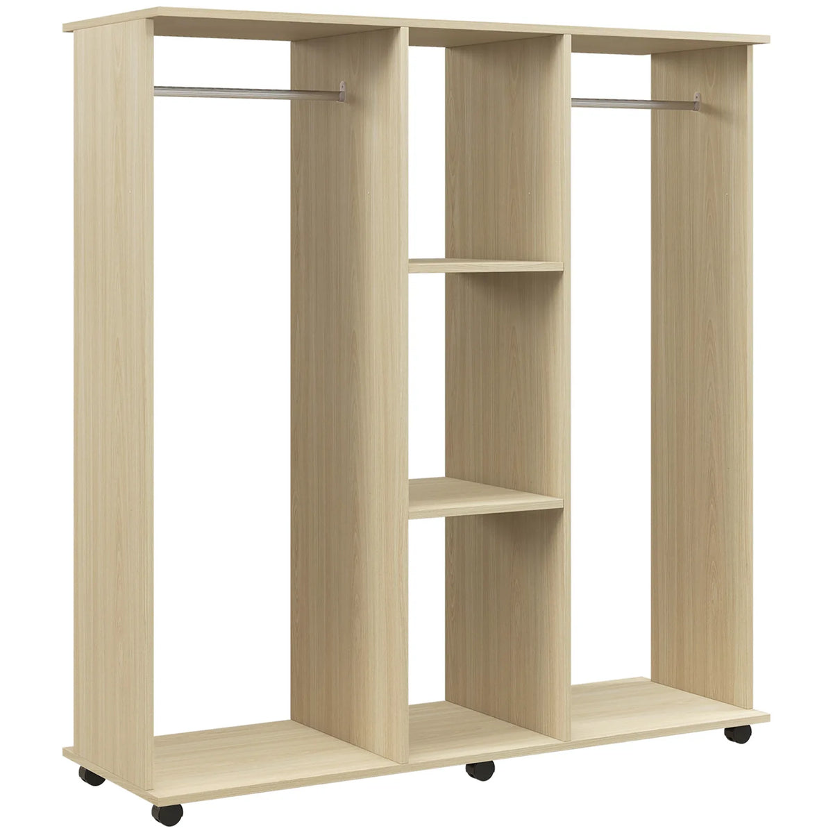 HOMCOM Mobile Open Wardrobe with Double Hanging Rails, 3 Shelves and 6 Wheels – Clothes Organiser, Natural