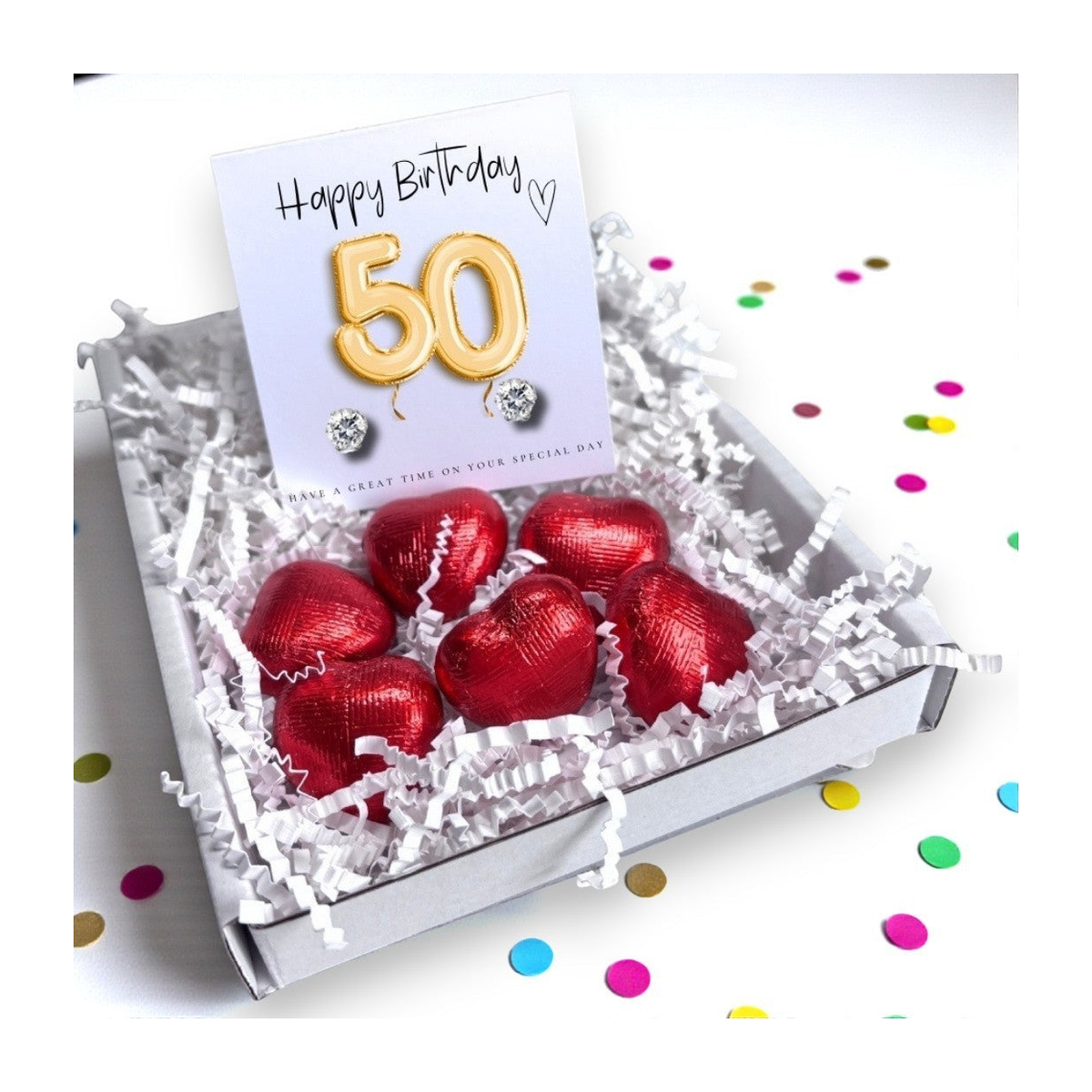 Aye Do Gifts 50th Birthday Mini Gift Hamper – Cubic Zirconia Stud Earrings, Gold Balloons Card & Milk Chocolates