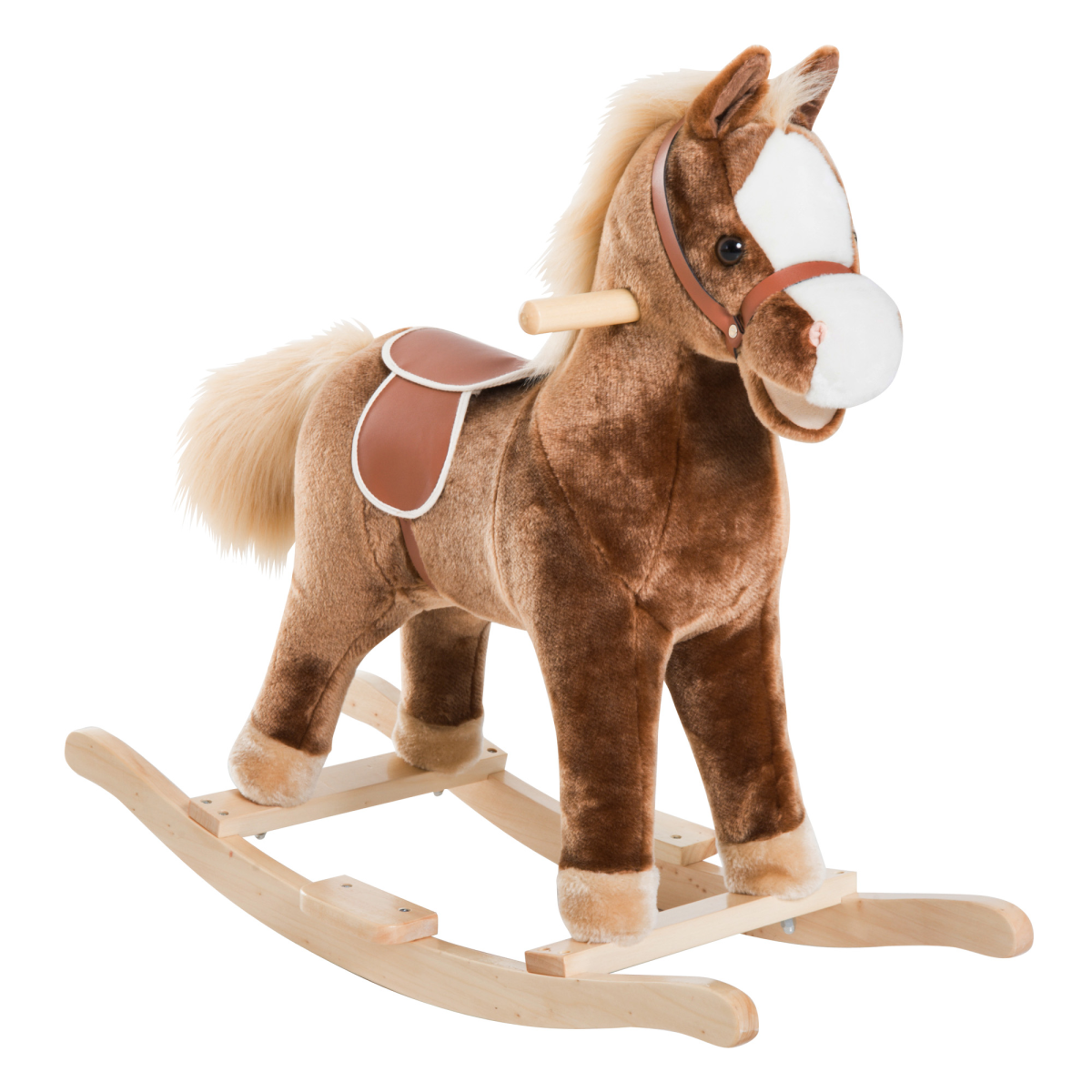 HOMCOM Kids Plush Rocking Horse with Wooden Base and Metal Frame – Ride-On Rocker Toy, Birthday Gift