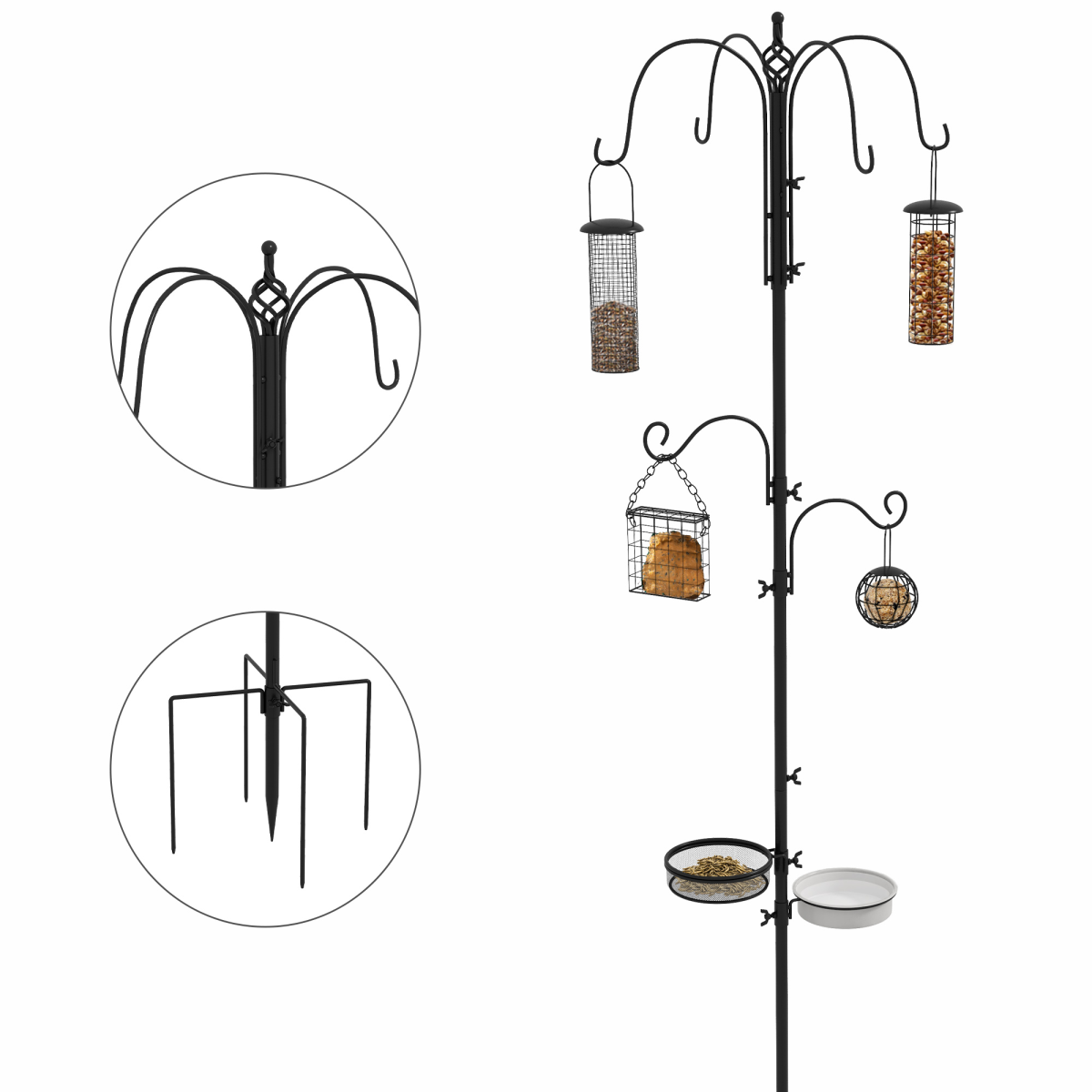 PawHut Bird Feeding Station Kit with 6 Hooks and 4 Hanging Feeders – Garden Wild Bird Feeder Pole