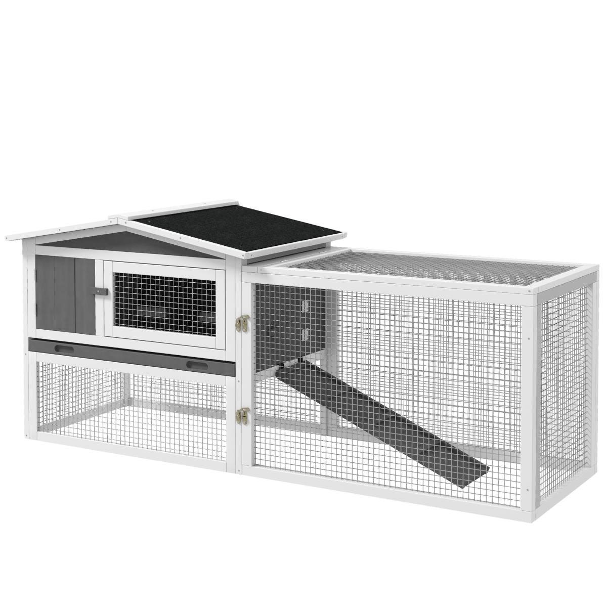 PawHut Outdoor Rabbit Hutch and Run with Sliding Tray, Hay Rack & Ramp, 156 x 58 x 68cm – Fir Wood, Light Grey