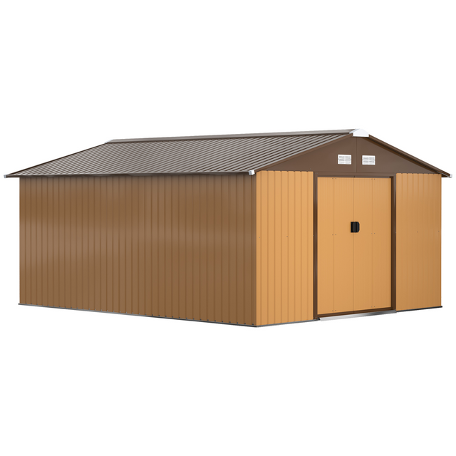 Light brown 13ft x 11ft metal garden storage shed