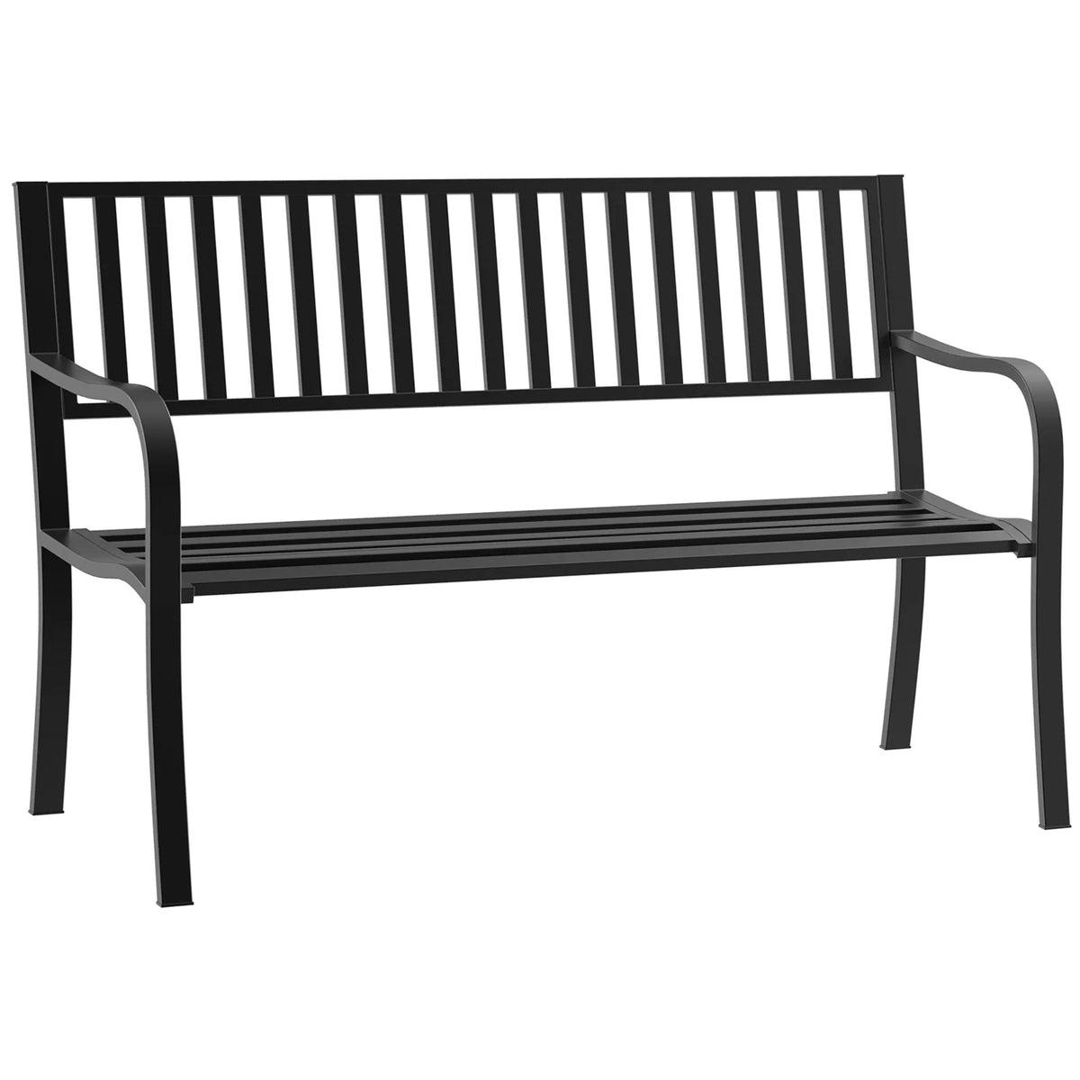 Outsunny Metal Garden Bench Loveseat with Slatted Seat & Curved Armrests – 2-Seater Outdoor Bench, Black