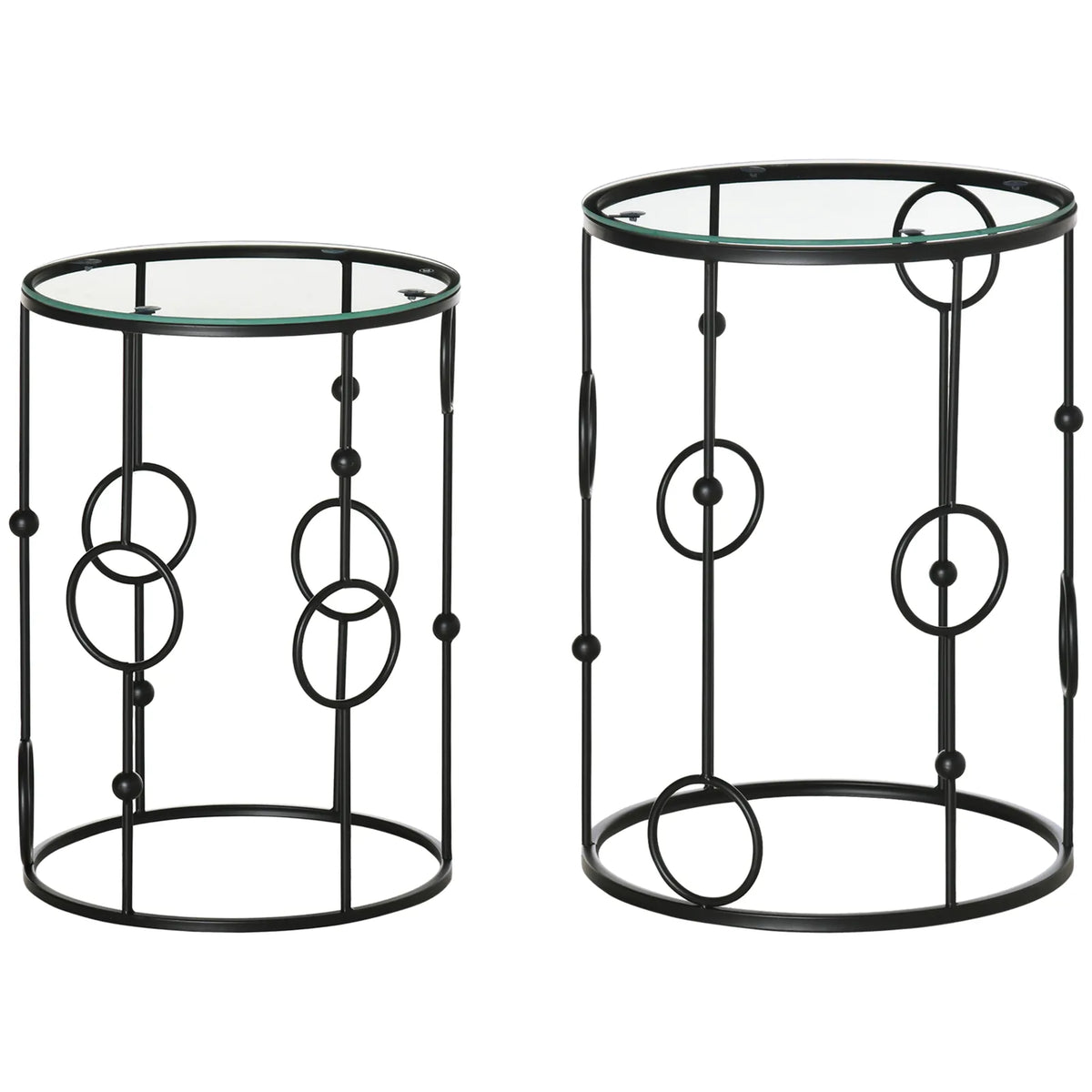 HOMCOM Nesting Round Coffee Table Set of 2 with Glass Tops – Space-Saving Side Tables, Black
