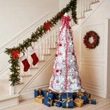 6ft White Pop-Up Pre-Lit Christmas Tree, Fully Decorated with 100 Warm White LEDs & Red Ornaments