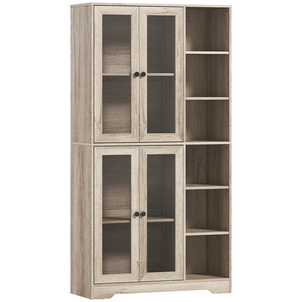HOMCOM Multi-Storage Kitchen Cabinet with Glass Doors, Soft-Close Hinges and Adjustable Shelves – Grey Wood-Effect