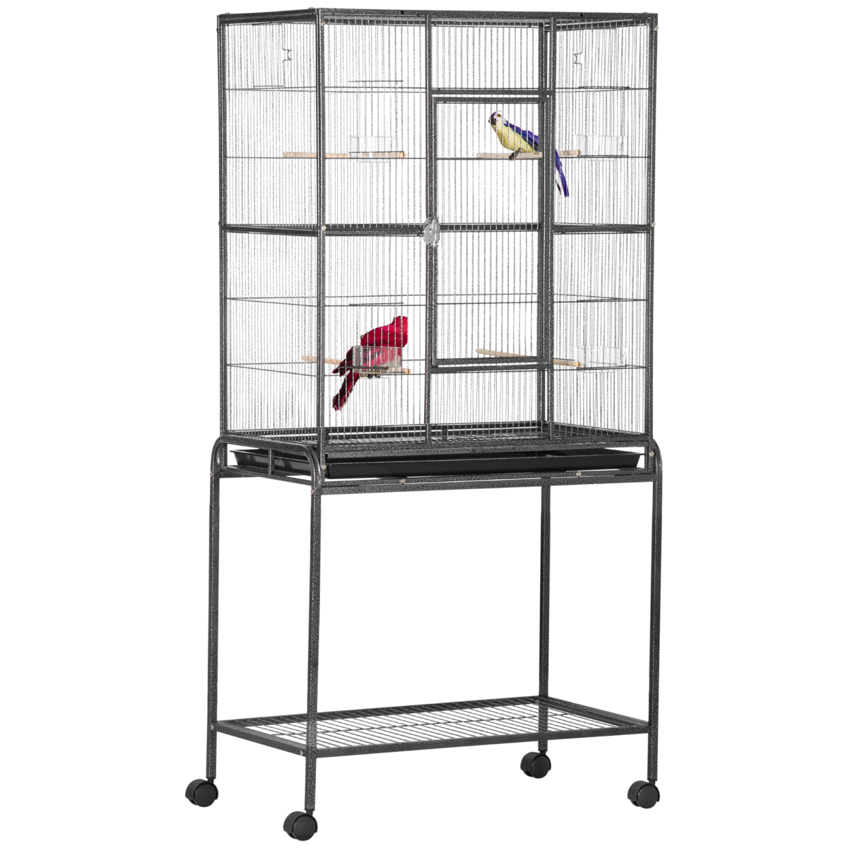 Pawhut Rolling Bird Cage with Detachable Stand, Storage Shelf, Wooden Perches & Food Containers