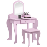 ZONEKIZ Kids Dressing Table with Cloud Design, Mirror, Stool, Drawer and Storage Boxes – Pink