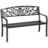 Outsunny 2-Seater Powder Coated Steel Garden Bench with Floral Backrest – Patio Seating, Black