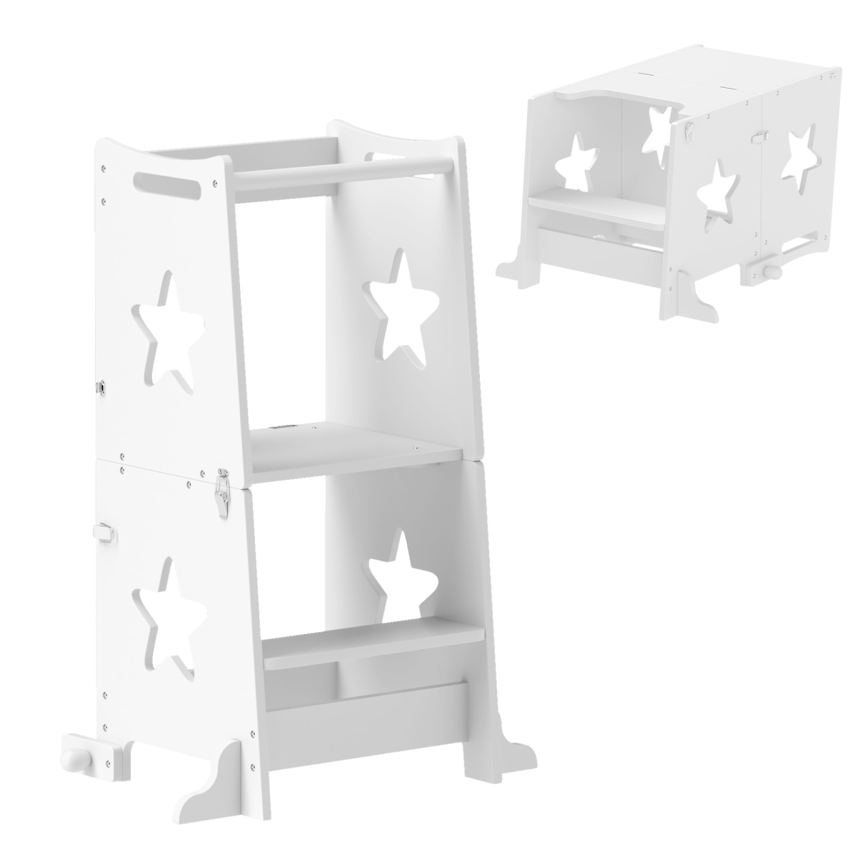 AIYAPLAY 2 in 1 Toddler Step Stool with Safety Rail – Converts to Table and Chair Set, White