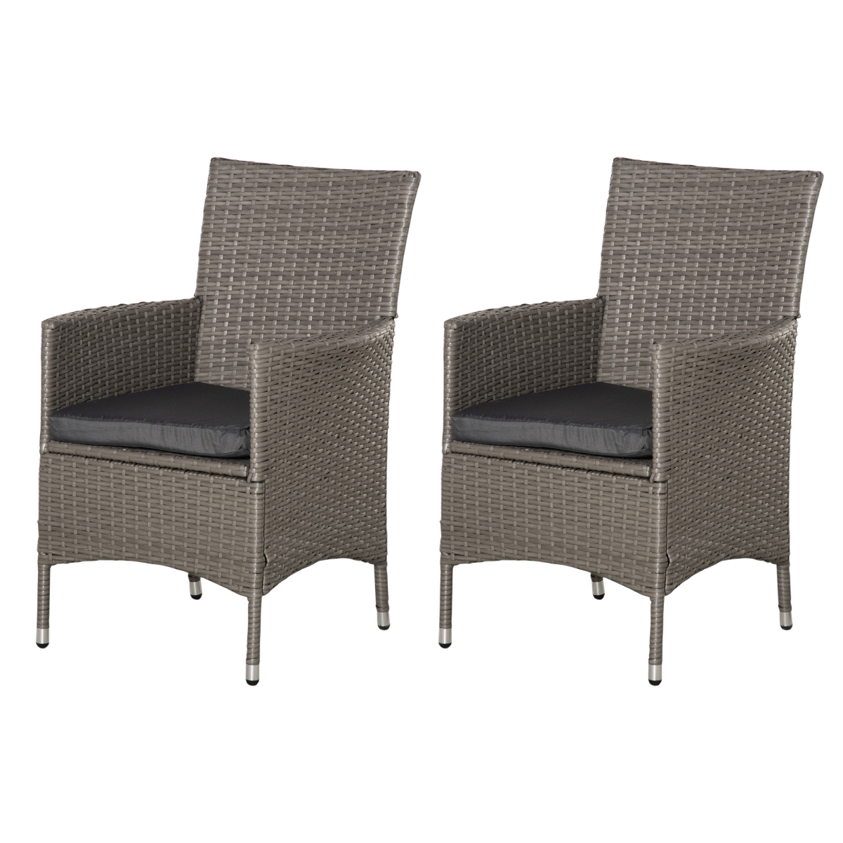 Grey outdoor rattan dining armchairs with cushions