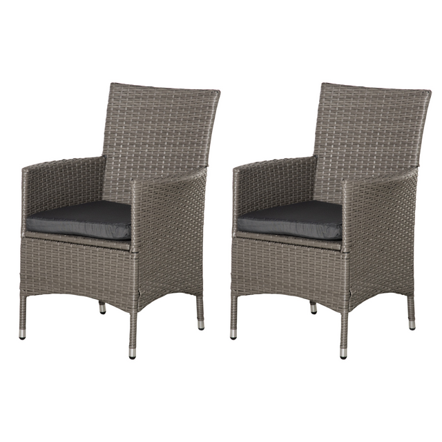 Grey outdoor rattan dining armchairs with cushions