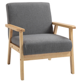 HOMCOM Linen Upholstered Accent Armchair with Solid Pine Wood Frame and Thick Cushions – Grey/Oak