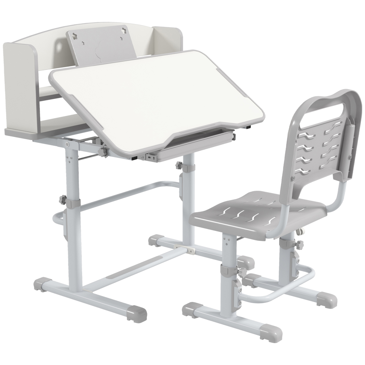 ZONEKIZ Height Adjustable Kids Desk and Chair Set with Drawer & Bookshelf – Tilting Study Desk, Grey