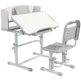 ZONEKIZ Height Adjustable Kids Desk and Chair Set with Drawer & Bookshelf – Tilting Study Desk, Grey