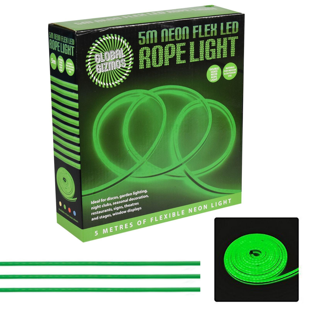Global Gizmos 5m LED Neon Flex Rope Light with 10 Clips – Double-Sided Indoor & Outdoor Lighting, IP44, Green