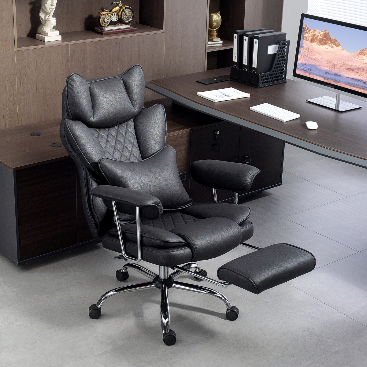 High Back Reclining Gaming Chair with Footrest & Lumbar Pillow – Leathaire Swivel Computer Chair, Black