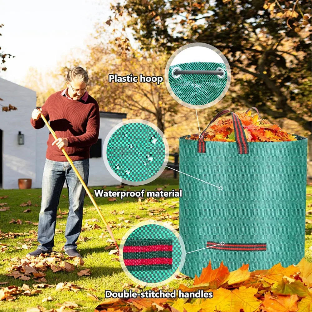 2 Pack 272L Reusable Garden Waste Bags – Heavy Duty Collapsible Woven Sacks with 4 Handles, Green