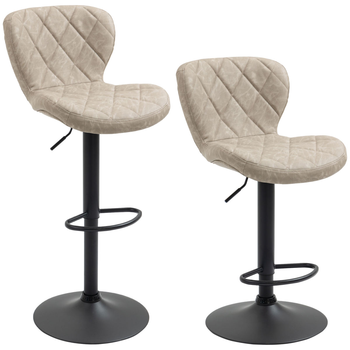 HOMCOM Set of 2 Swivel Bar Stools with Backrest and Footrest – Adjustable Height, Diamond Pattern PU, Khaki