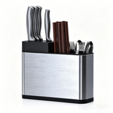 Stainless Steel Cutlery Holder with 3 Compartments – Free-Standing Knife Block and Utensil Organiser, Silver
