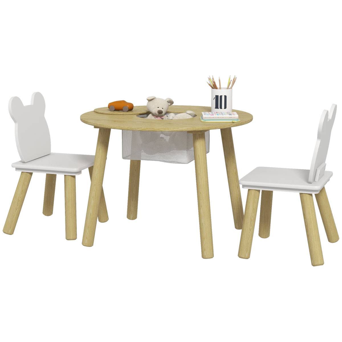 AIYAPLAY 3-Piece Toddler Table and Chair Set with Centre Mesh Bag – Bear Backrests, White and Natural Wood