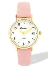 Ravel Ladies Gold-Tone Dated Watch with White Dial and Pink Faux Leather Strap