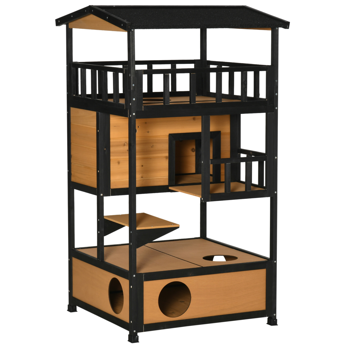PawHut Wooden Outdoor Cat House with 3 Tiers, Tilted Roof and Balconies – Kitten Shelter, Yellow