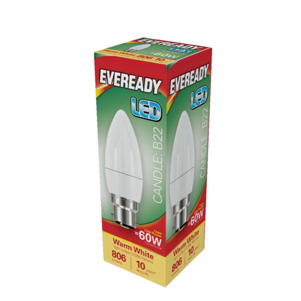 Eveready S17375 LED Candle Bulbs, B22 Bayonet, 7.3W (60W Equivalent) 806lm Warm White – Pack of 5