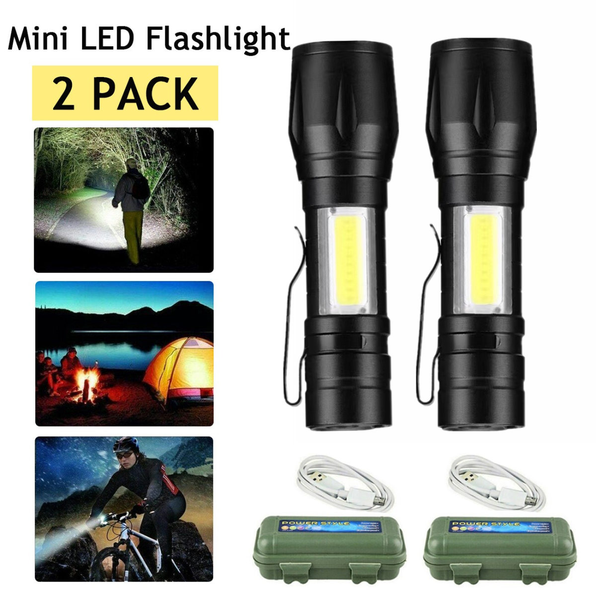 2 Pack USB Rechargeable LED Flashlights with Zoom & 3 Modes – Pocket Torch for Camping & Car Repair