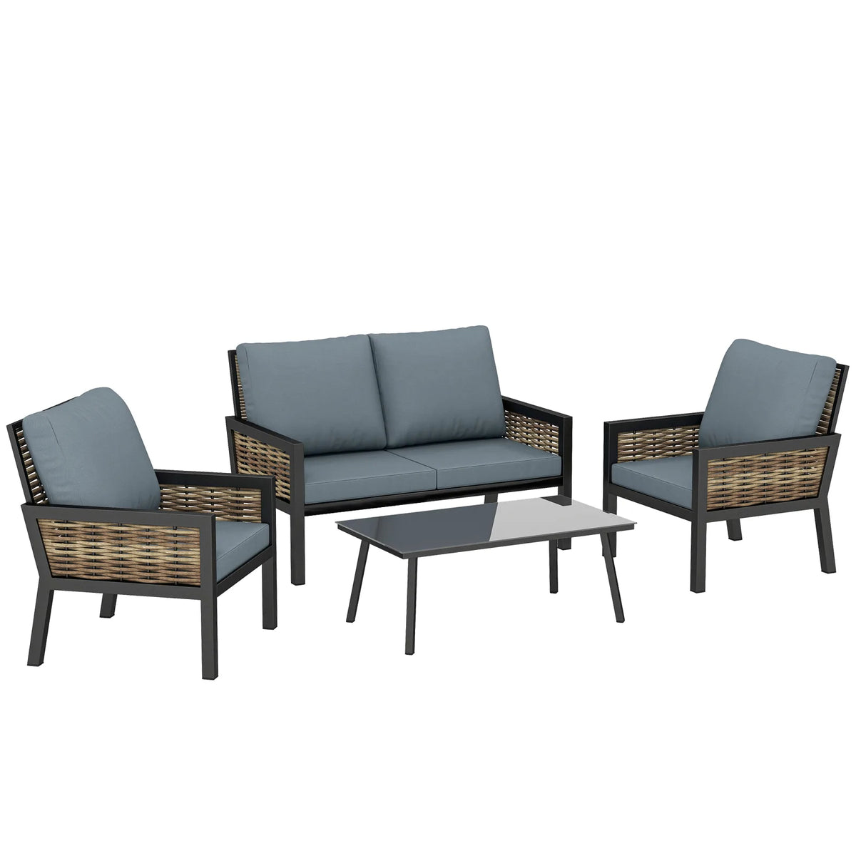 Outsunny 4-Seater Rattan Garden Furniture Set with 2 Armchairs, Loveseat & Coffee Table – Cushioned, Grey