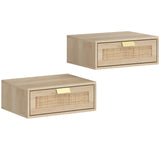 HOMCOM Set of 2 Floating Bedside Tables with Rattan Drawers – Wall Mounted Bedside Cabinets, Oak Wood Effect