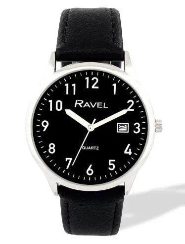 Ravel Men's Silver-Tone Dated Watch with Black Dial and Black Faux Leather Strap
