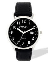 Ravel Men's Silver-Tone Dated Watch with Black Dial and Black Faux Leather Strap