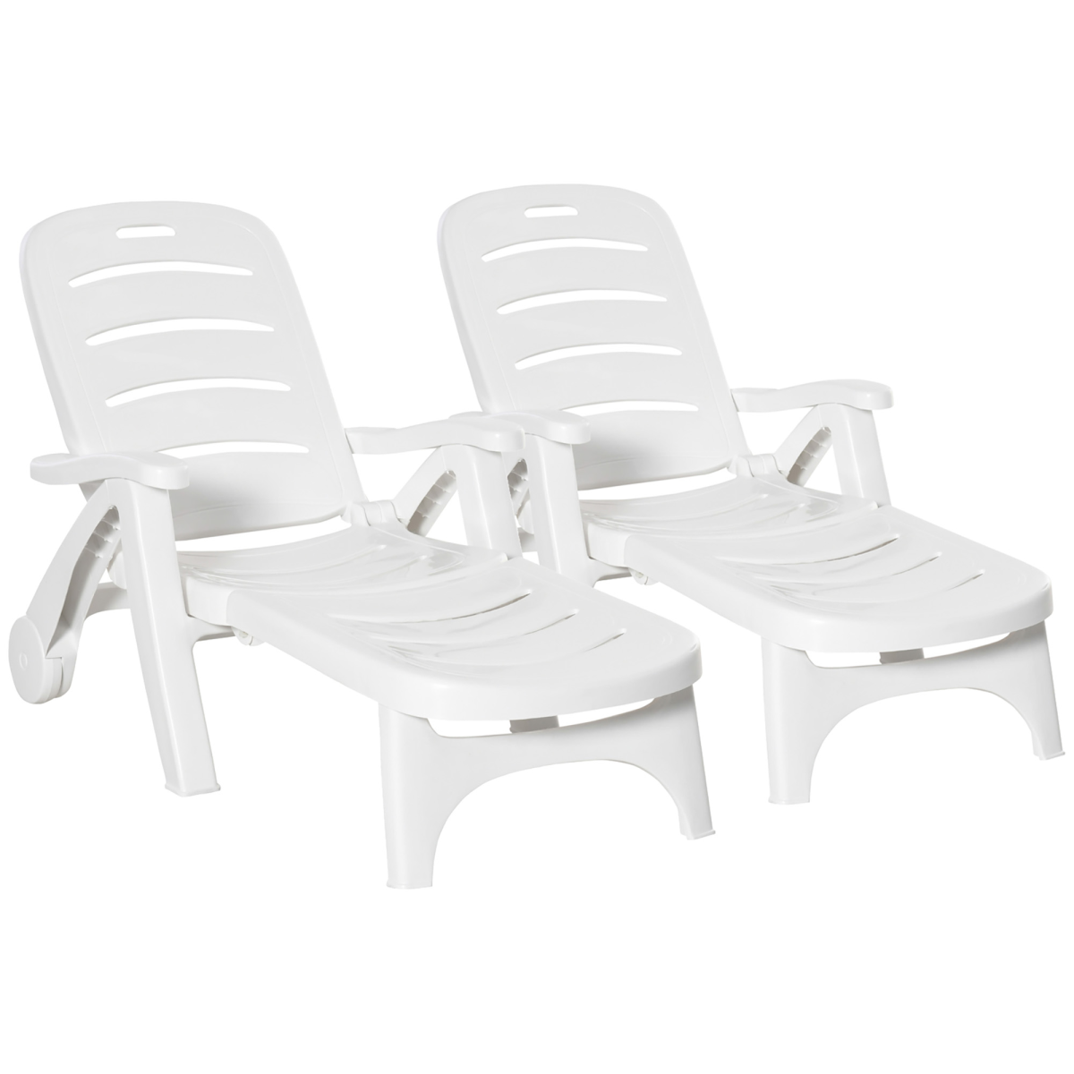 Outsunny Folding Patio Lounge Chairs Set of 2 with 5-Position Backrest & Wheels – PP Sun Loungers, White