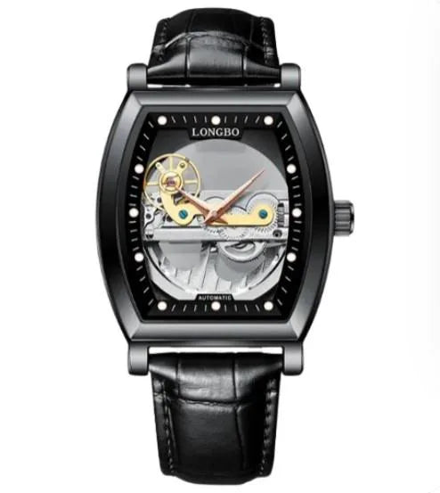 NY London Mens Automatic Hollow mechanical Dial Analogue Silver/Black Leather Strap Watch