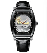 NY London Mens Automatic Hollow mechanical Dial Analogue Silver/Black Leather Strap Watch