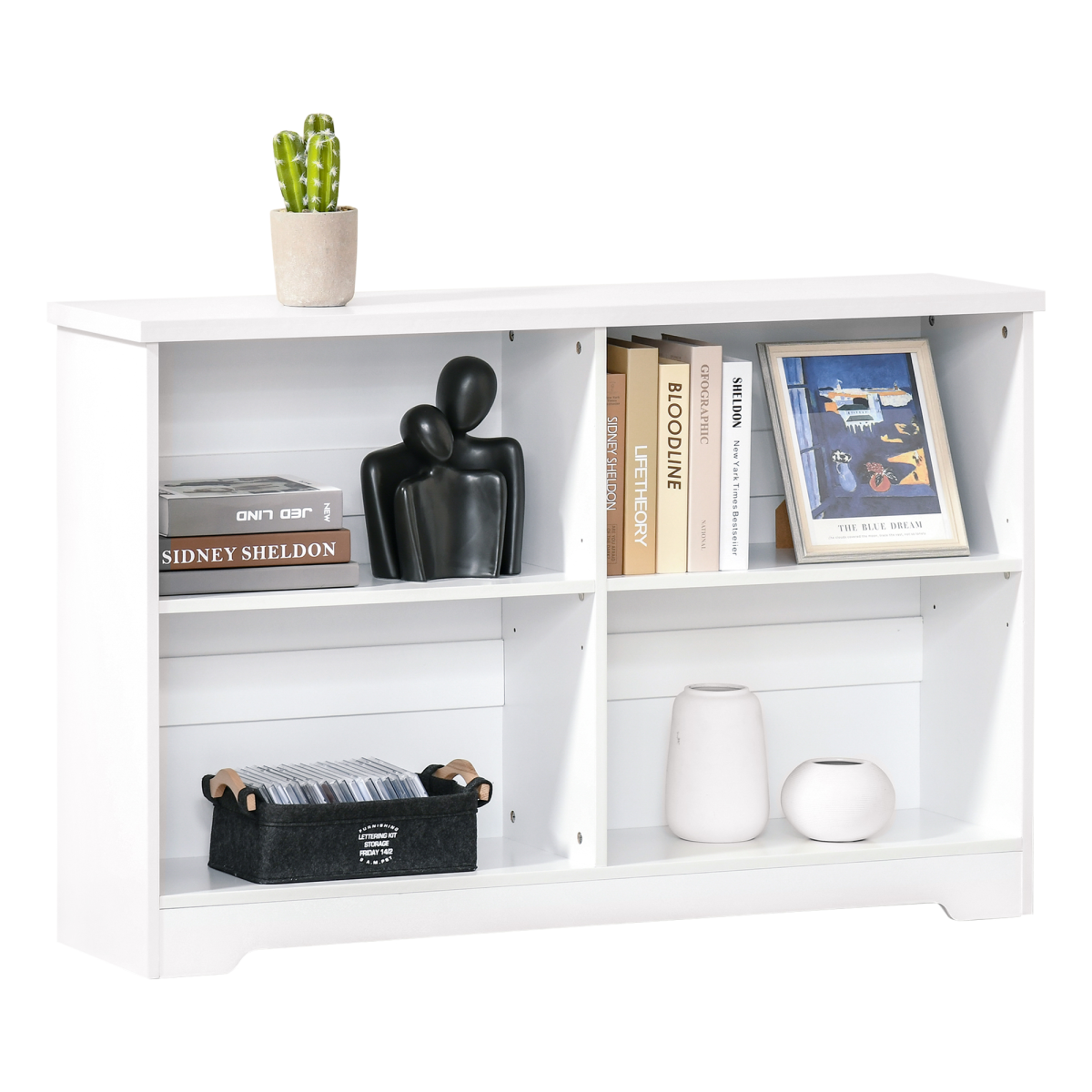 Modern 4-Compartment Low Bookcase with Adjustable Shelves and Anti-Tipping Straps – Cube Display Unit, White